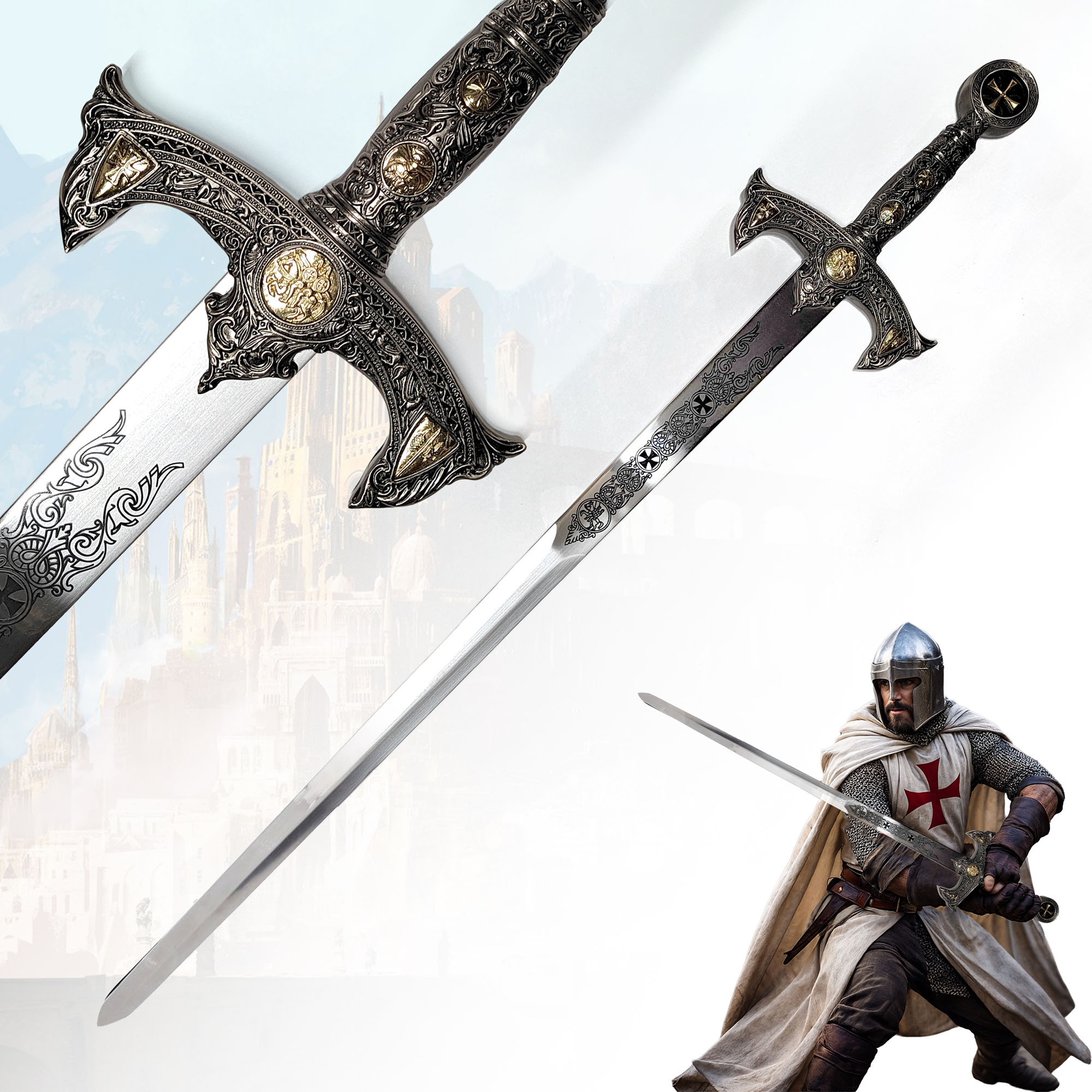 Tempelritter-Schwert – "Vollstahl"-Replik mit Wandhalter